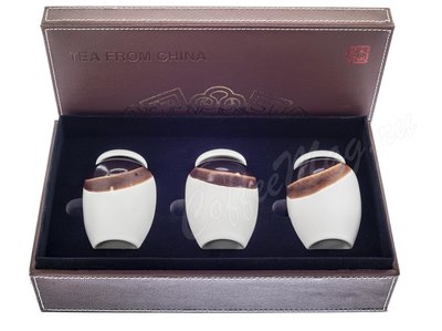 Подарочный набор 3 керамические банки + кожаная коричневая коробка