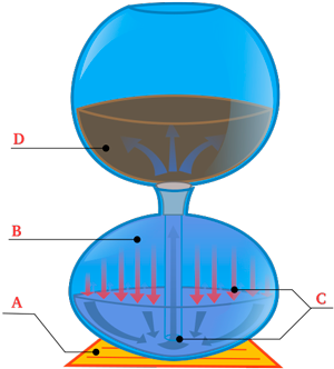 Принцип работы. A — нагревательный элемент, B — пар под давлением, C — действие сил и направление потоков, D — кофе