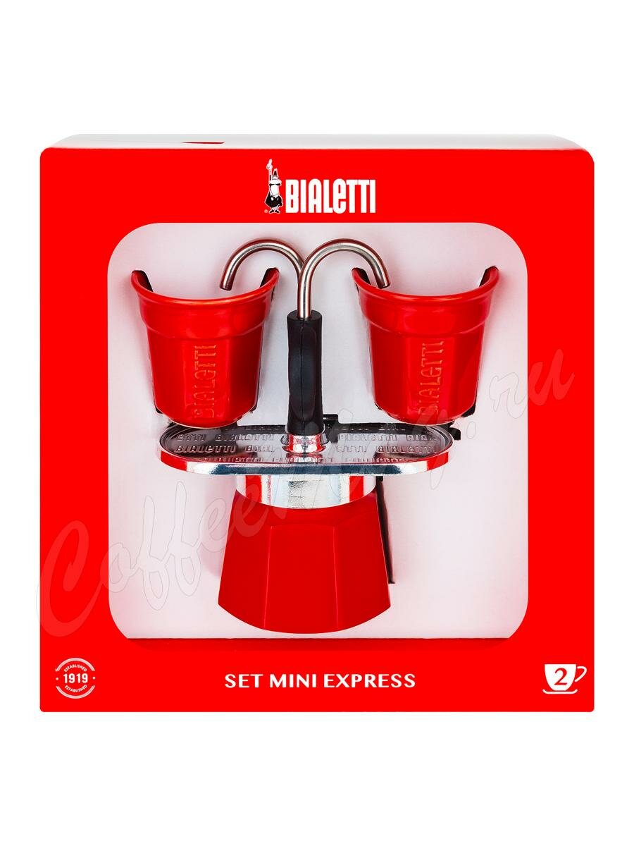 Bialetti Mini Express Набор: гейзерная кофеварка красная на 2 порции + 2 чашки Bialetti Mini Express Набор: гейзерная кофеварка красная на 2 порции + 2 чашки