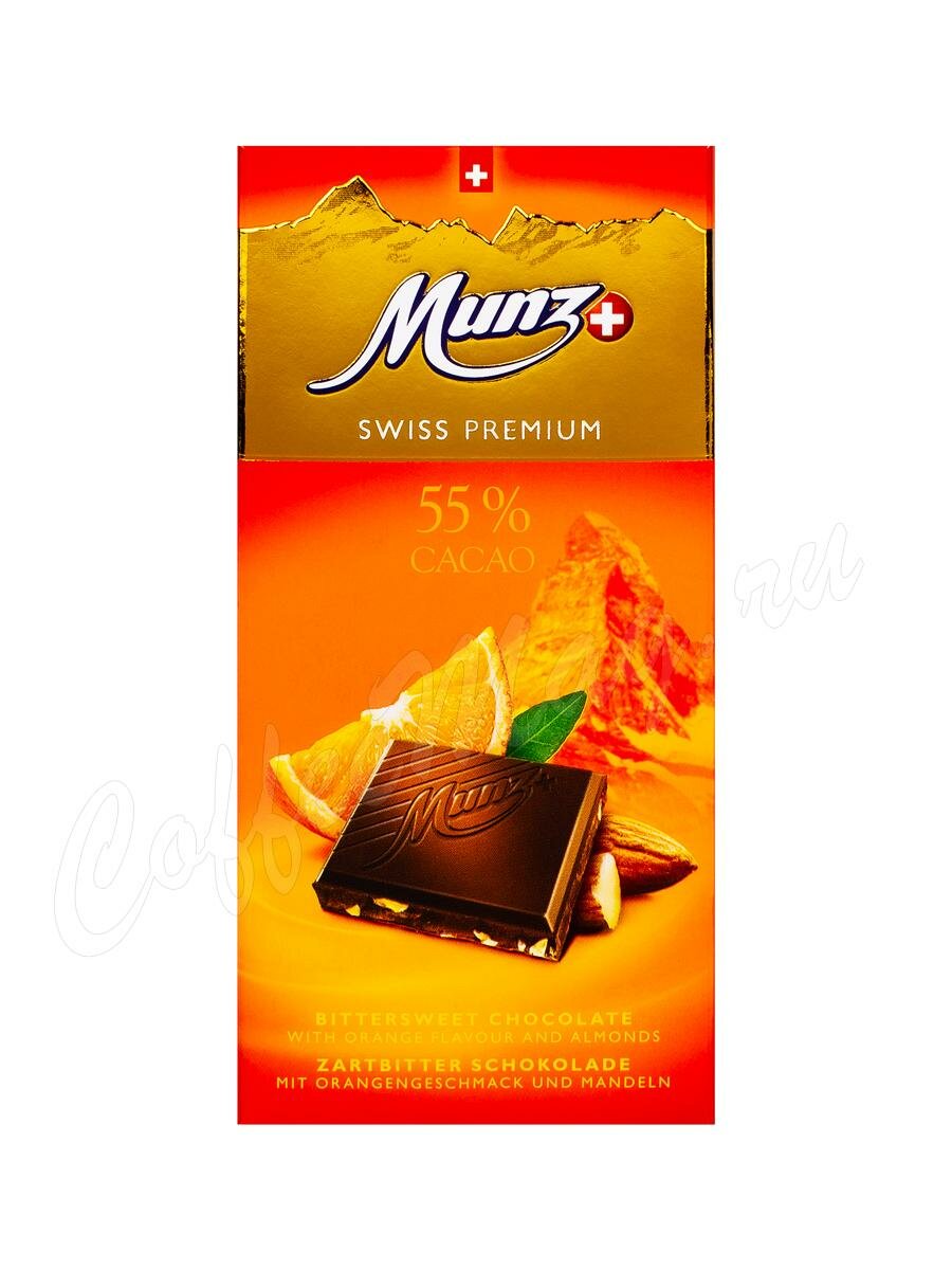 Munz Горький шоколад 55% с апельсином и миндалем, плитка 100г Munz Горький шоколад 55% с апельсином и миндалем, плитка 100г