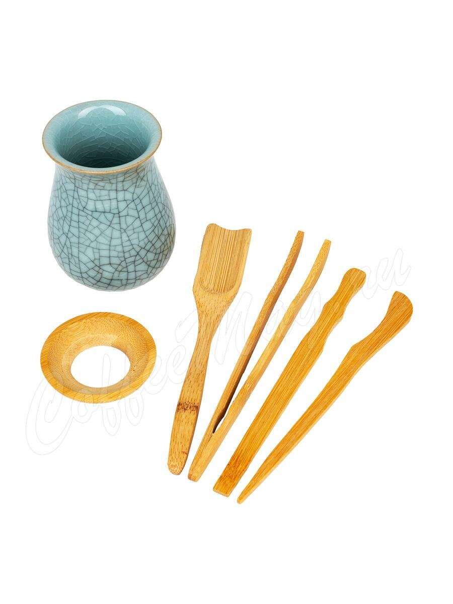  Набор инструментов из бамбука для Чайной церемонии в керамической подставке