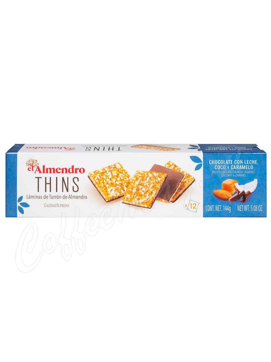 El Almendro хрустящий миндальный туррон с молочным шоколадом, карамелью и кокосом 144 г El Almendro хрустящий миндальный туррон с молочным шоколадом, карамелью и кокосом 144 г