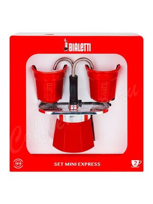 Bialetti Mini Express Набор: гейзерная кофеварка красная на 2 порции + 2 чашки