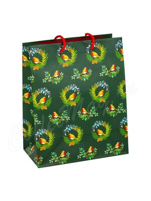 Подарочный пакет Снегири на венках зеленый 18х23 (9232453)
