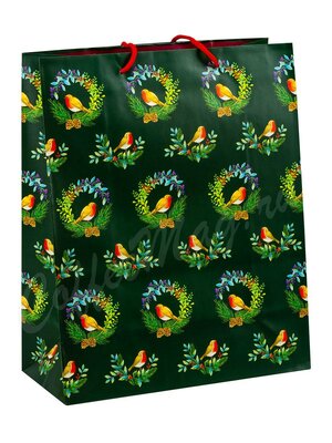 Подарочный пакет Снегири на венках зеленый 26х32 см (9232494)