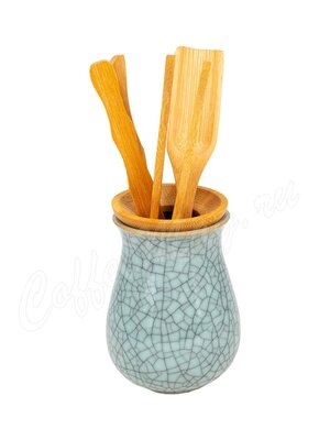 Набор инструментов из бамбука для Чайной церемонии в керамической подставке