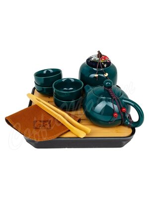 Чайный сервиз керамический сине-зеленый в чемоданчике