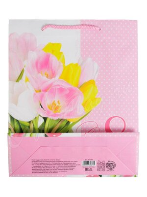 Пакет подарочный 8 Марта Тюльпаны желто-розовые 23х27х8 см