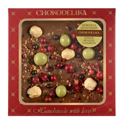 Chokodelika Шоколад молочный с украшением Вишня, фундук, карамель 75 г